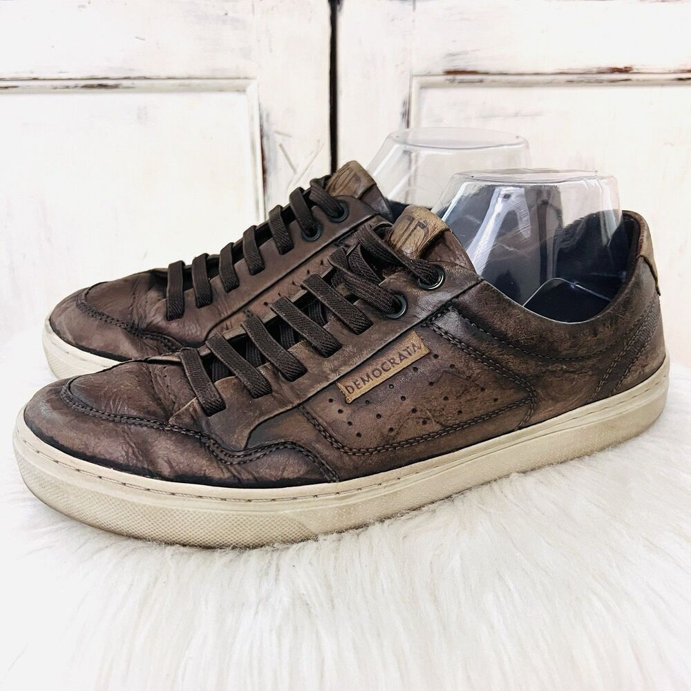 Democrata Brown Worn Distressed Brazilian Leather Lace up Mens Sneakers - Size 8